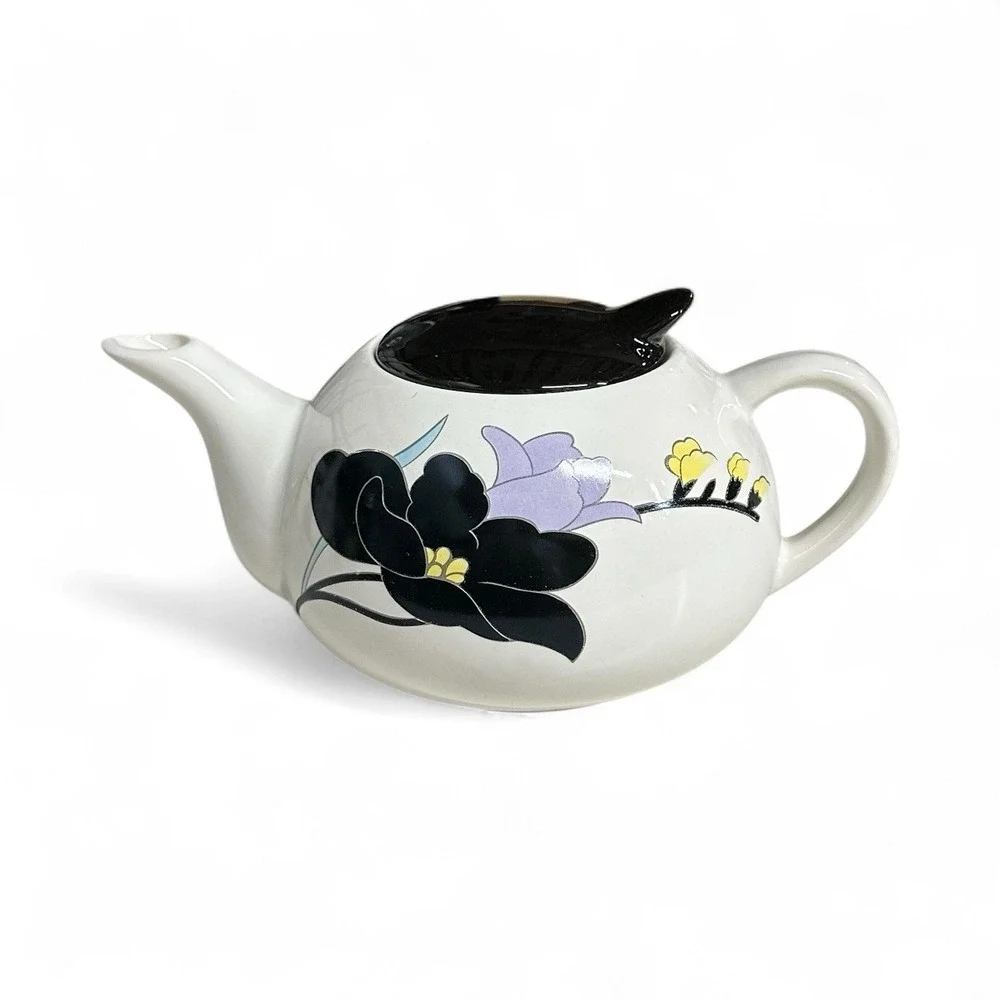 VTG Furama Ceramic Teapot Floral Black Lid White Flower Design Kitchen MCM Decor